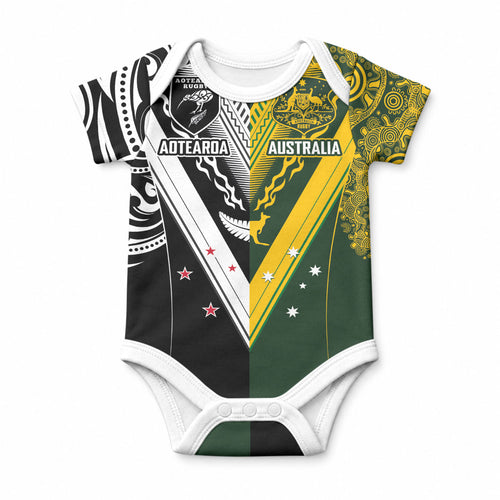 Aotearoa Australia Rugby Custom Baby Onesie Maori and Aboriginal Art Sporty Style