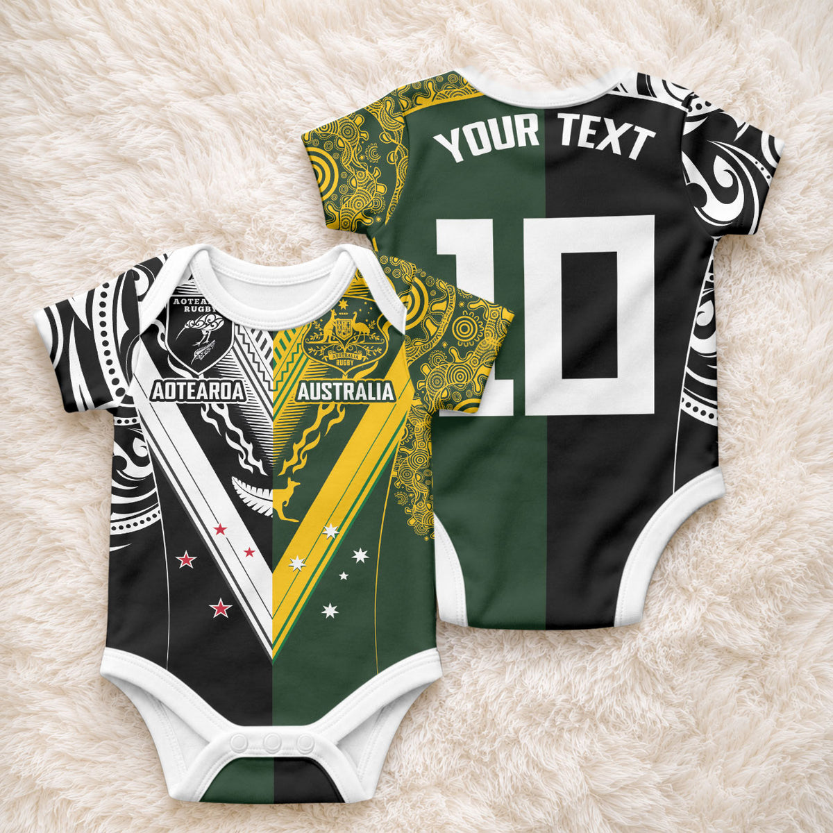Aotearoa Australia Rugby Custom Baby Onesie Maori and Aboriginal Art Sporty Style