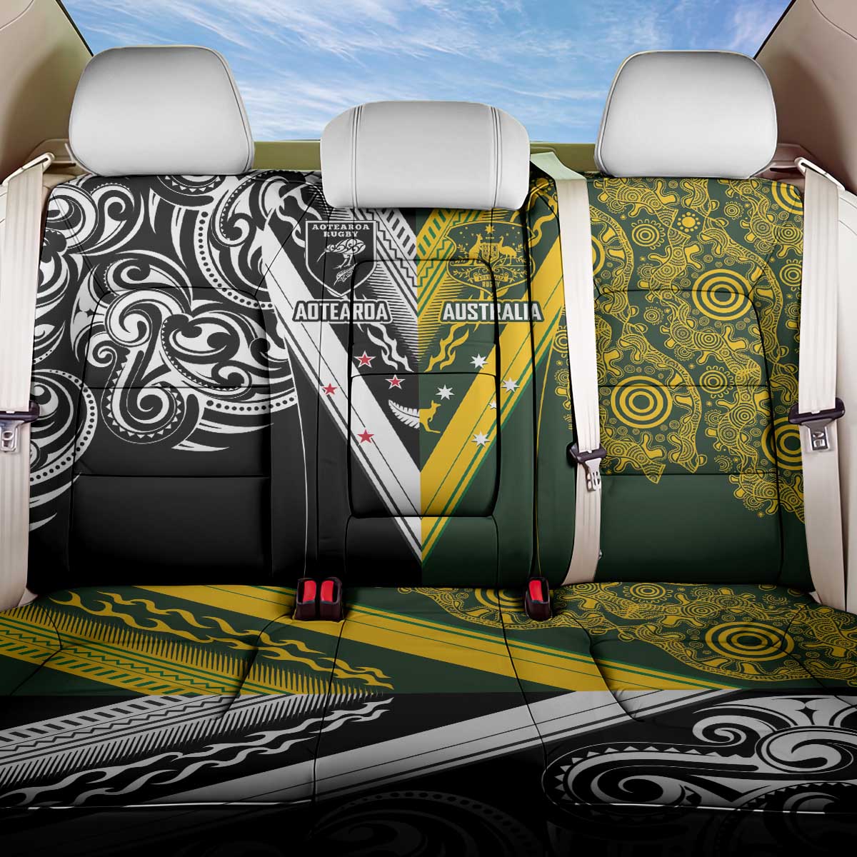 Aotearoa Australia Rugby Back Car Seat Cover Maori and Aboriginal Art Sporty Style - Aussie Hoodie