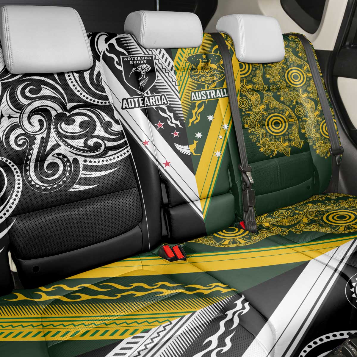 Aotearoa Australia Rugby Back Car Seat Cover Maori and Aboriginal Art Sporty Style - Aussie Hoodie