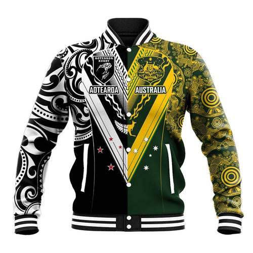 Aotearoa Australia Rugby Custom Baseball Jacket Maori and Aboriginal Art Sporty Style - Aussie Hoodie
