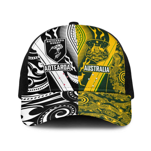 Aotearoa Australia Rugby Baseball Net Cap Maori and Aboriginal Art Sporty Style - Aussie Hoodie