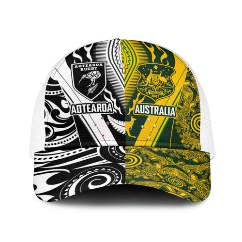 Aotearoa Australia Rugby Baseball Net Cap Maori and Aboriginal Art Sporty Style - Aussie Hoodie