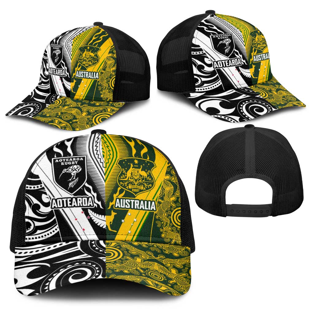 Aotearoa Australia Rugby Baseball Net Cap Maori and Aboriginal Art Sporty Style - Aussie Hoodie