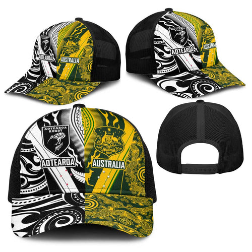 Aotearoa Australia Rugby Baseball Net Cap Maori and Aboriginal Art Sporty Style - Aussie Hoodie