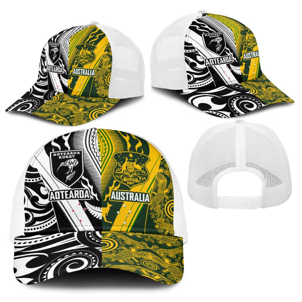 Aotearoa Australia Rugby Baseball Net Cap Maori and Aboriginal Art Sporty Style - Aussie Hoodie