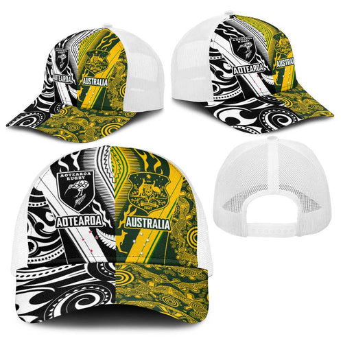 Aotearoa Australia Rugby Baseball Net Cap Maori and Aboriginal Art Sporty Style - Aussie Hoodie