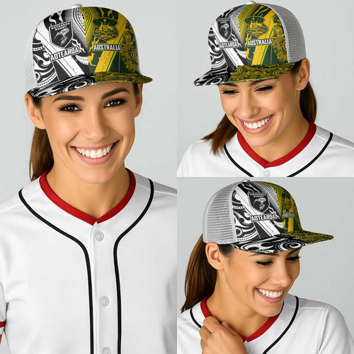 Aotearoa Australia Rugby Baseball Net Cap Maori and Aboriginal Art Sporty Style - Aussie Hoodie