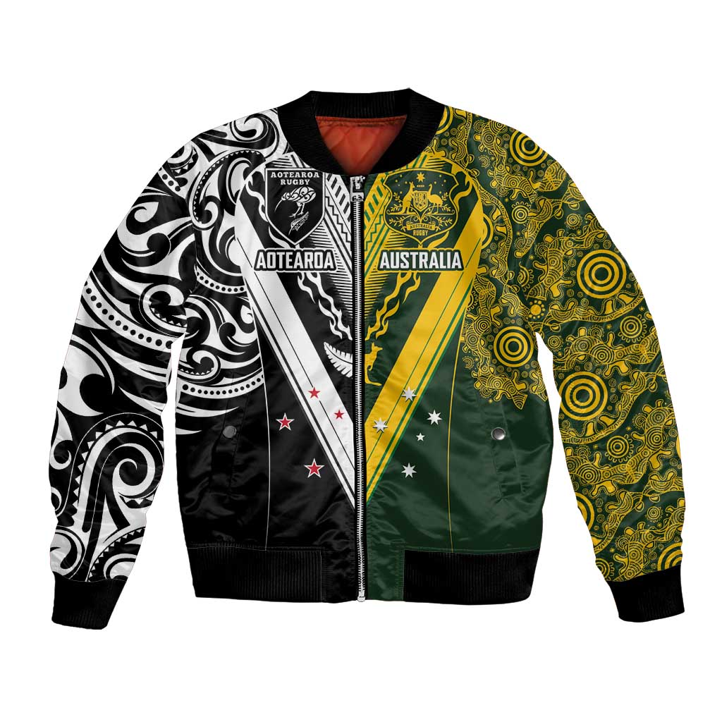 Aotearoa Australia Rugby Custom Bomber Jacket Maori and Aboriginal Art Sporty Style - Aussie Hoodie