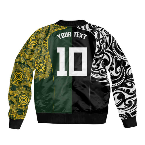 Aotearoa Australia Rugby Custom Bomber Jacket Maori and Aboriginal Art Sporty Style - Aussie Hoodie