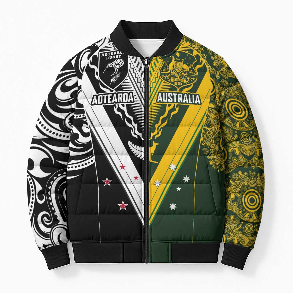 Aotearoa Australia Rugby Custom Bomber Puffer Jacket Maori and Aboriginal Art Sporty Style - Aussie Hoodie