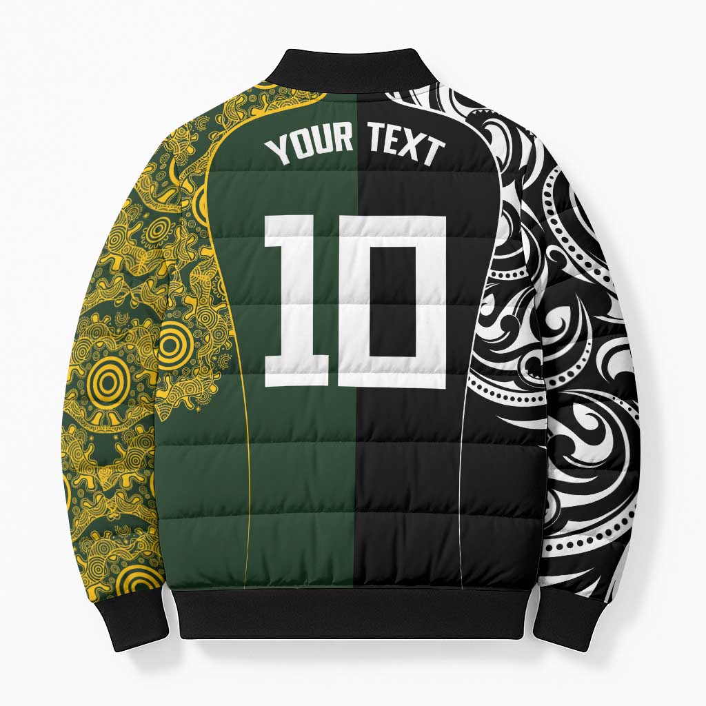 Aotearoa Australia Rugby Custom Bomber Puffer Jacket Maori and Aboriginal Art Sporty Style - Aussie Hoodie