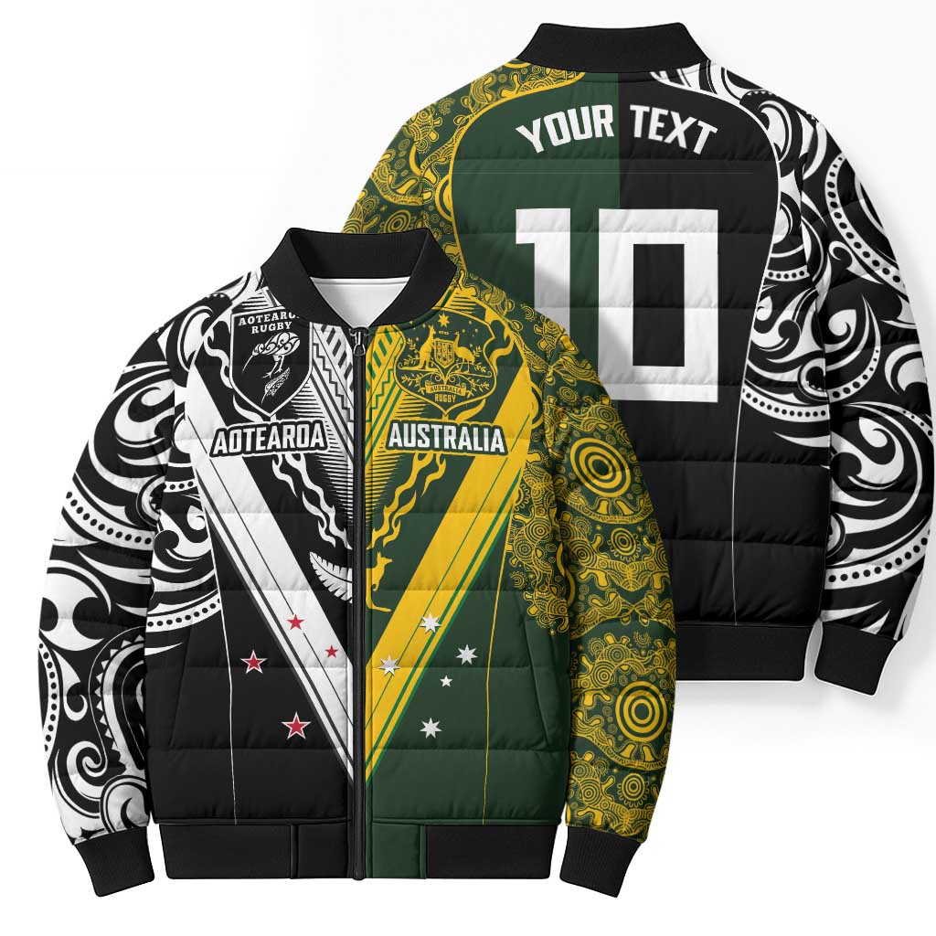 Aotearoa Australia Rugby Custom Bomber Puffer Jacket Maori and Aboriginal Art Sporty Style - Aussie Hoodie
