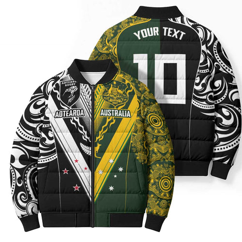 Aotearoa Australia Rugby Custom Bomber Puffer Jacket Maori and Aboriginal Art Sporty Style - Aussie Hoodie