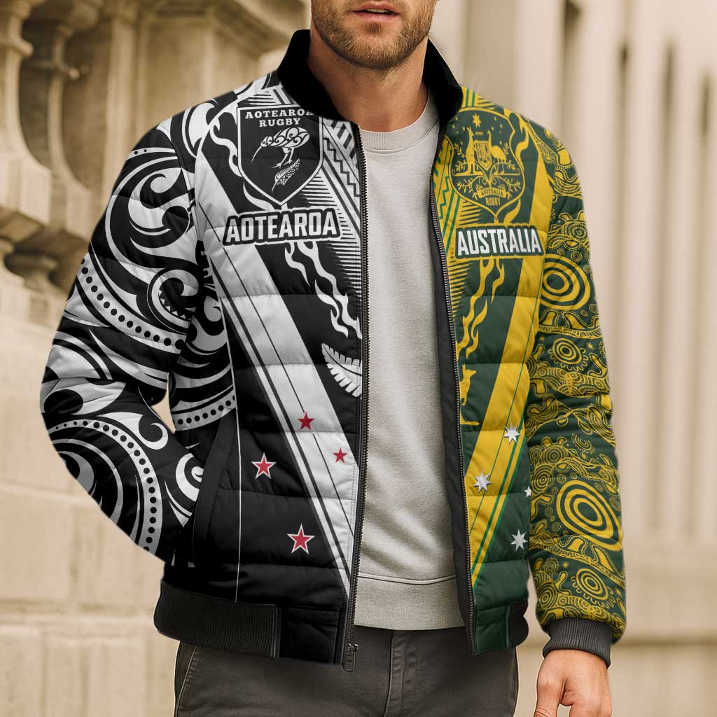 Aotearoa Australia Rugby Custom Bomber Puffer Jacket Maori and Aboriginal Art Sporty Style - Aussie Hoodie