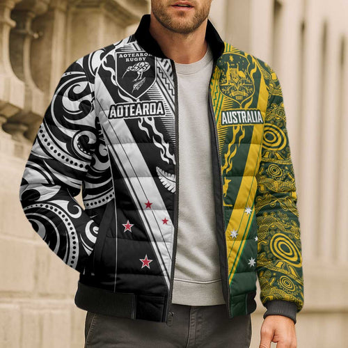Aotearoa Australia Rugby Custom Bomber Puffer Jacket Maori and Aboriginal Art Sporty Style - Aussie Hoodie