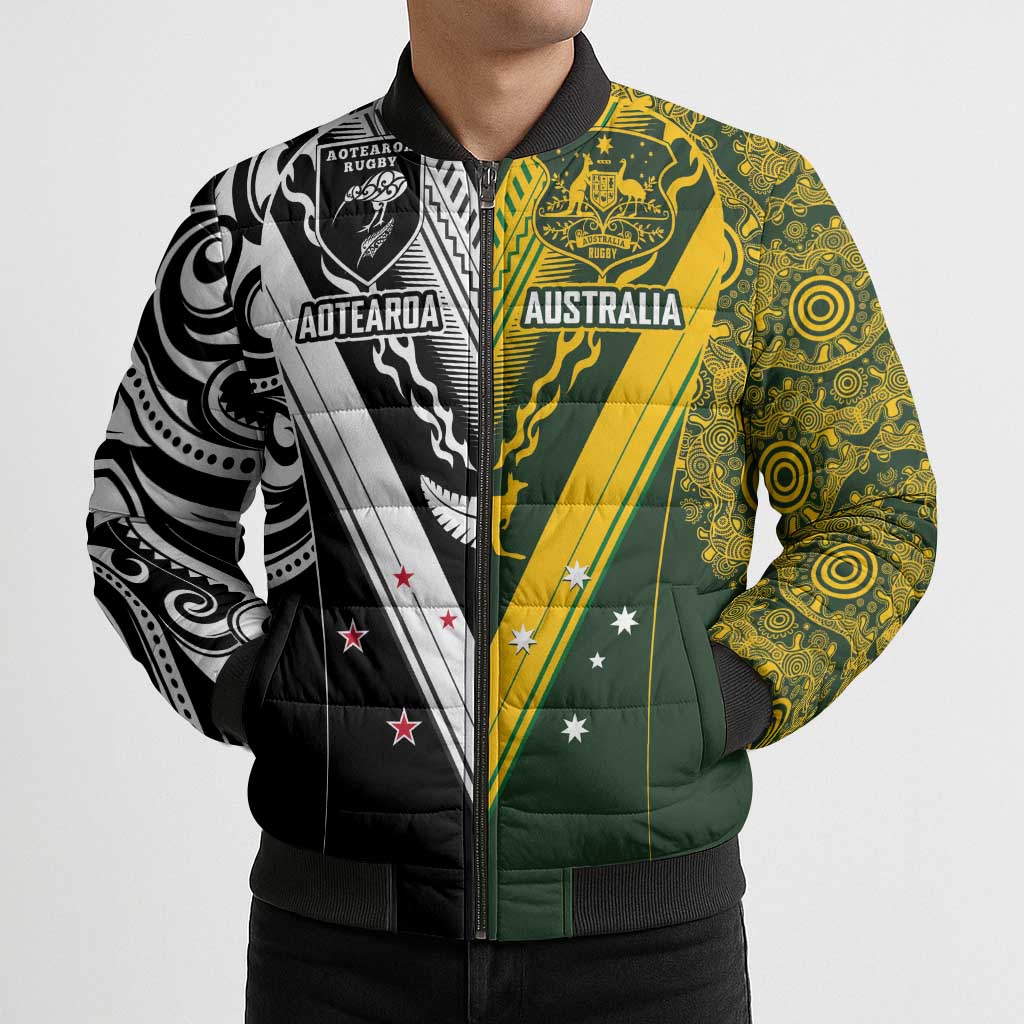 Aotearoa Australia Rugby Custom Bomber Puffer Jacket Maori and Aboriginal Art Sporty Style - Aussie Hoodie
