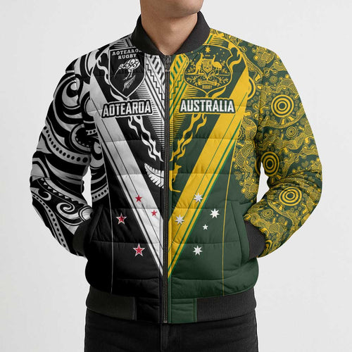 Aotearoa Australia Rugby Custom Bomber Puffer Jacket Maori and Aboriginal Art Sporty Style - Aussie Hoodie