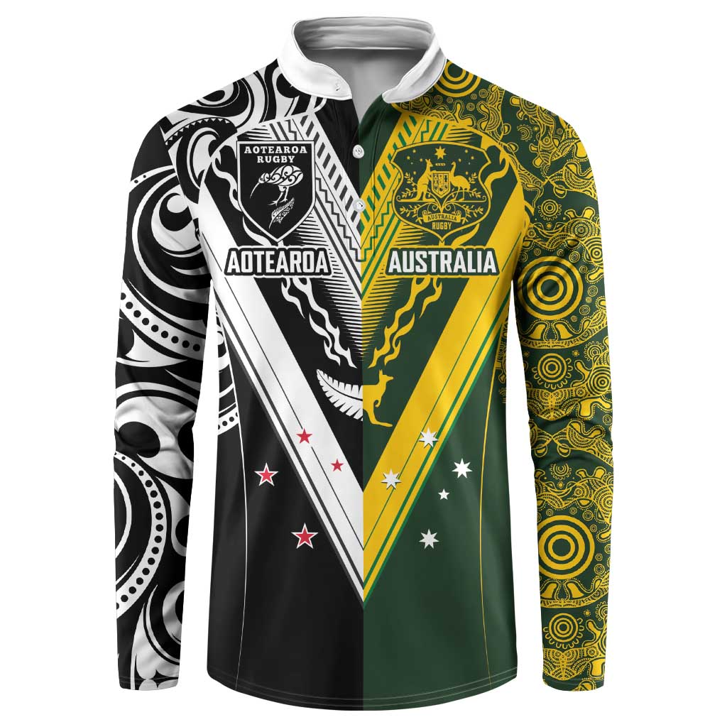 Aotearoa Australia Rugby Custom Button Sweatshirt Maori and Aboriginal Art Sporty Style - Aussie Hoodie