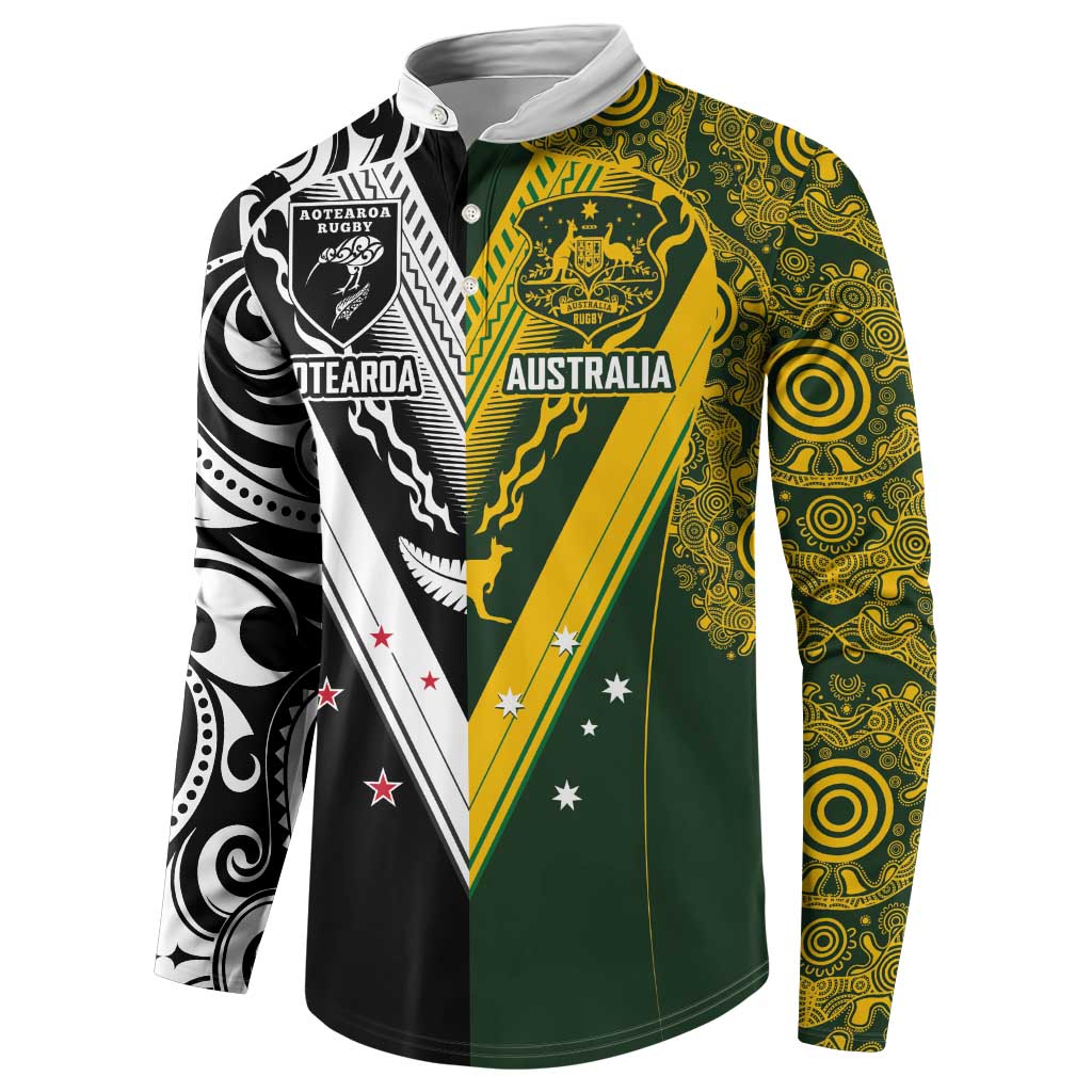 Aotearoa Australia Rugby Custom Button Sweatshirt Maori and Aboriginal Art Sporty Style - Aussie Hoodie