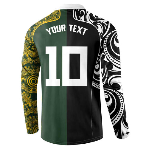 Aotearoa Australia Rugby Custom Button Sweatshirt Maori and Aboriginal Art Sporty Style - Aussie Hoodie