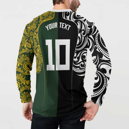 Aotearoa Australia Rugby Custom Button Sweatshirt Maori and Aboriginal Art Sporty Style - Aussie Hoodie