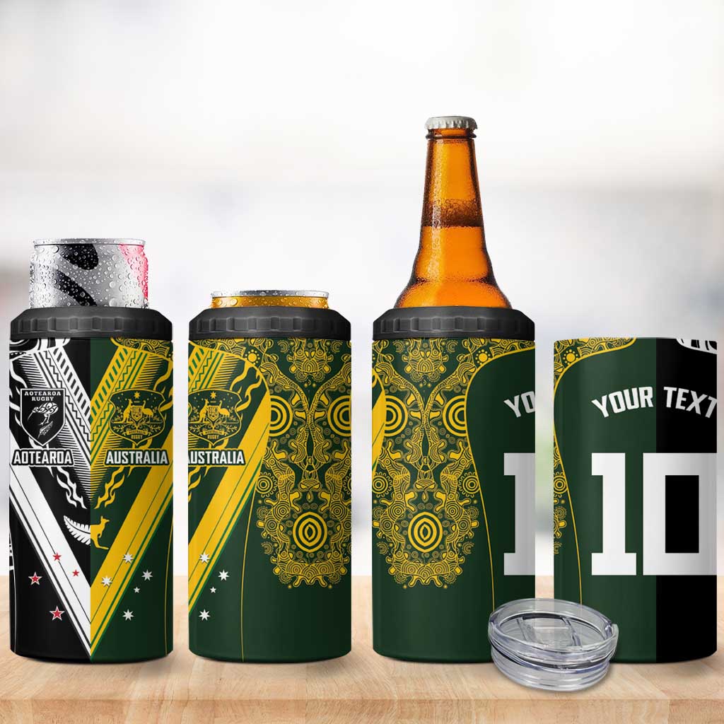 Aotearoa Australia Rugby Custom 4 in 1 Can Cooler Tumbler Maori and Aboriginal Art Sporty Style - Aussie Hoodie