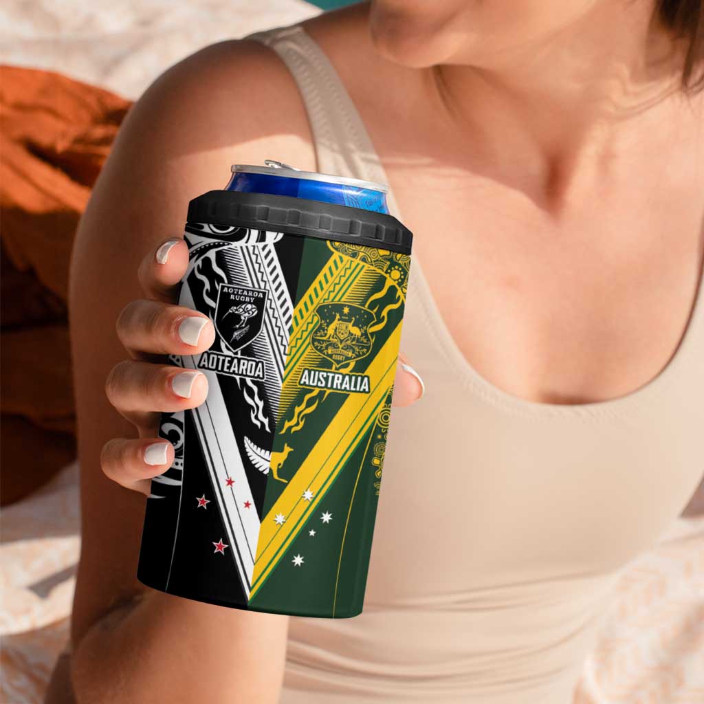Aotearoa Australia Rugby Custom 4 in 1 Can Cooler Tumbler Maori and Aboriginal Art Sporty Style - Aussie Hoodie