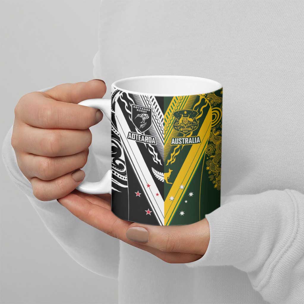 Aotearoa Australia Rugby Custom Ceramic Mug Maori and Aboriginal Art Sporty Style - Aussie Hoodie