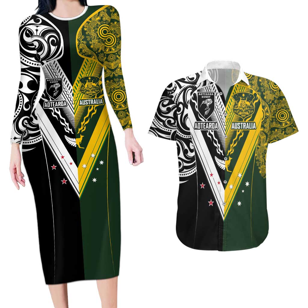 Aotearoa Australia Rugby Custom Couples Matching Long Sleeve Bodycon Dress and Hawaiian Shirt Maori and Aboriginal Art Sporty Style - Aussie Hoodie