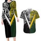 Aotearoa Australia Rugby Custom Couples Matching Long Sleeve Bodycon Dress and Hawaiian Shirt Maori and Aboriginal Art Sporty Style - Aussie Hoodie