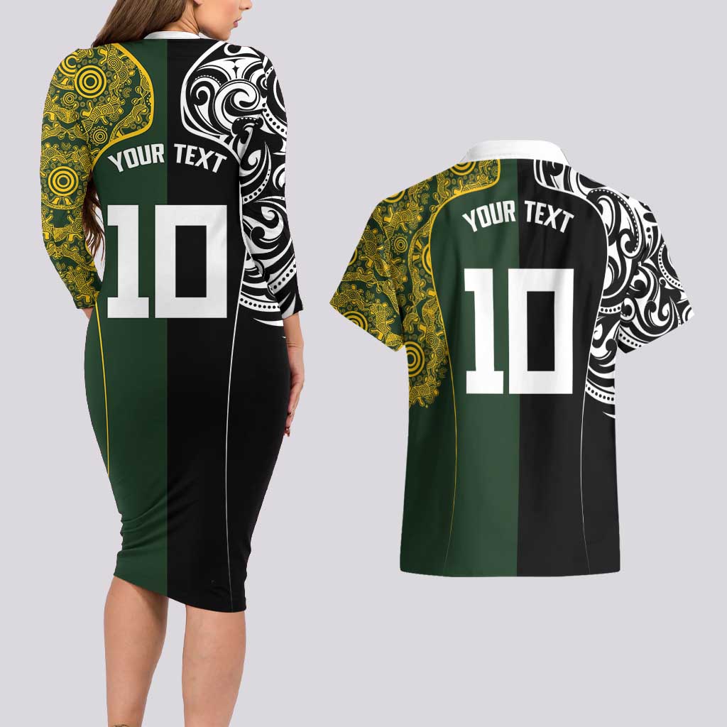 Aotearoa Australia Rugby Custom Couples Matching Long Sleeve Bodycon Dress and Hawaiian Shirt Maori and Aboriginal Art Sporty Style - Aussie Hoodie