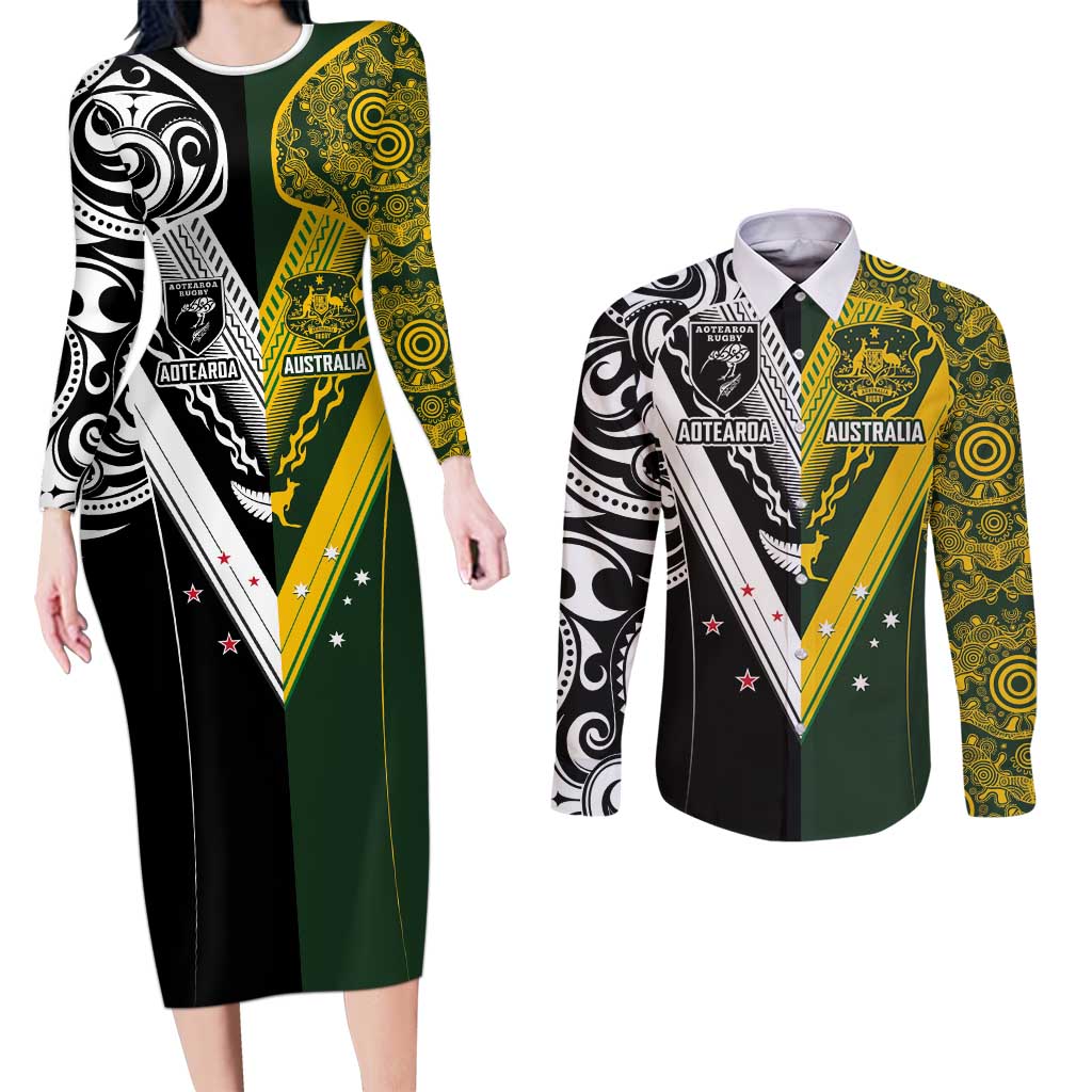 Aotearoa Australia Rugby Custom Couples Matching Long Sleeve Bodycon Dress and Long Sleeve Button Shirt Maori and Aboriginal Art Sporty Style - Aussie Hoodie