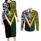 Aotearoa Australia Rugby Custom Couples Matching Long Sleeve Bodycon Dress and Long Sleeve Button Shirt Maori and Aboriginal Art Sporty Style - Aussie Hoodie