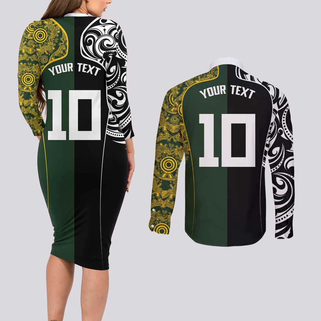 Aotearoa Australia Rugby Custom Couples Matching Long Sleeve Bodycon Dress and Long Sleeve Button Shirt Maori and Aboriginal Art Sporty Style - Aussie Hoodie
