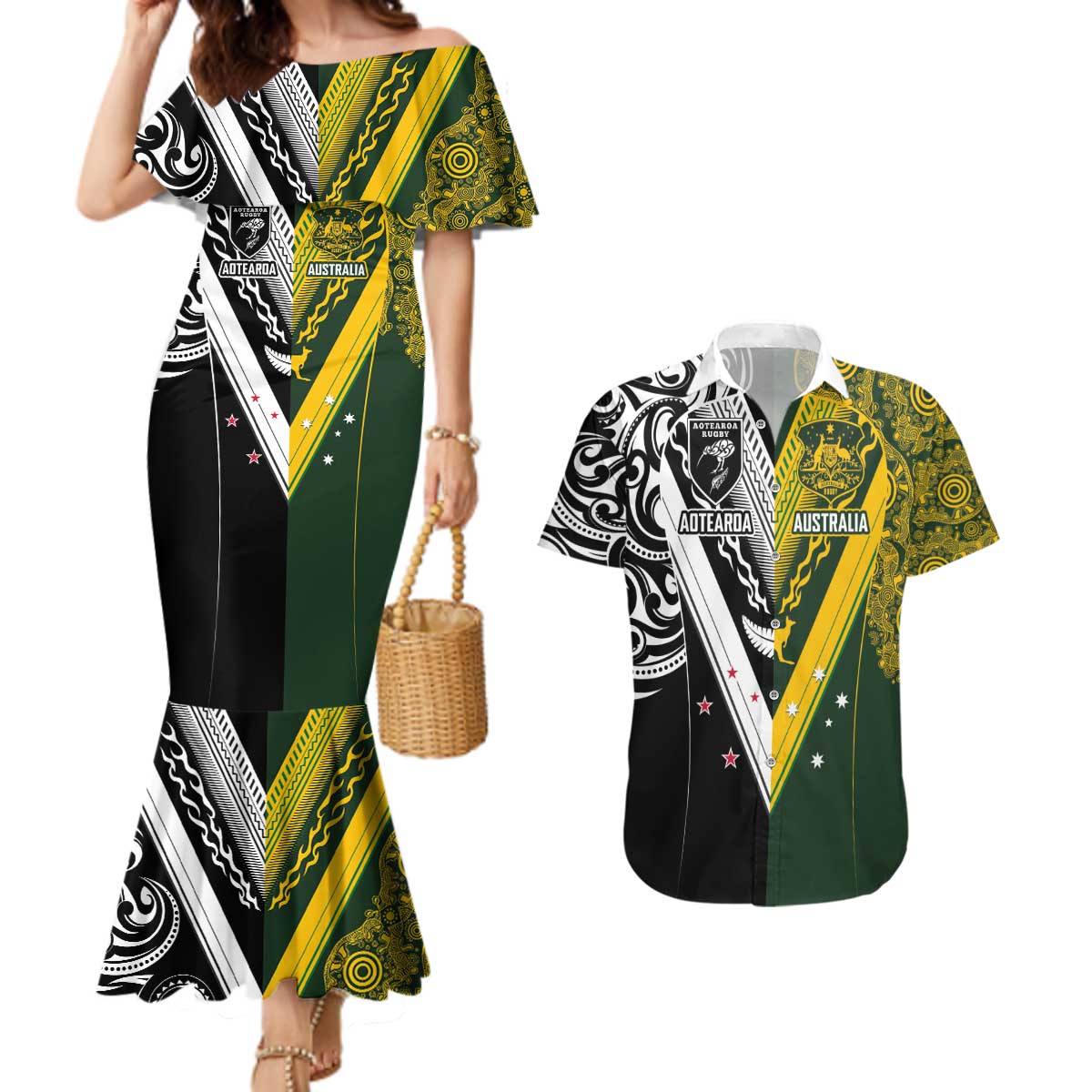 Aotearoa Australia Rugby Custom Couples Matching Mermaid Dress and Hawaiian Shirt Maori and Aboriginal Art Sporty Style - Aussie Hoodie