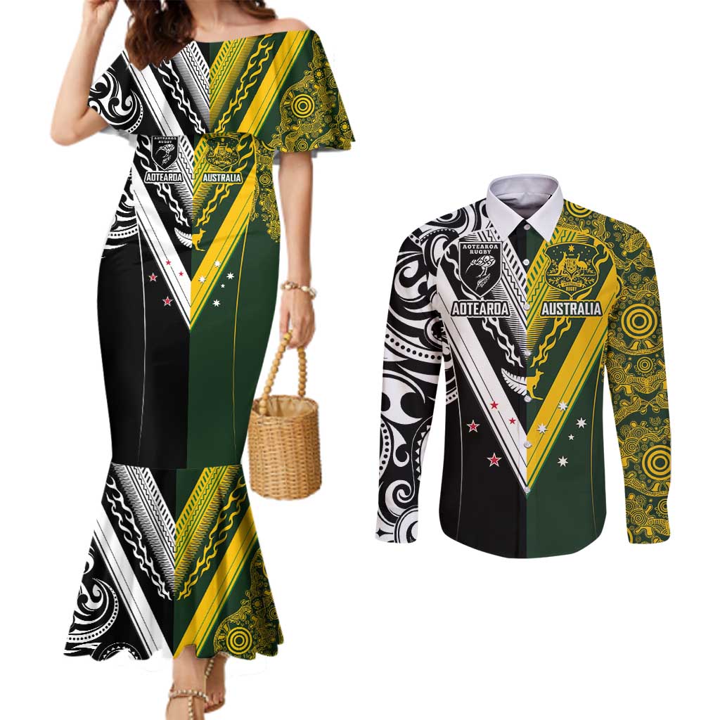 Aotearoa Australia Rugby Custom Couples Matching Mermaid Dress and Long Sleeve Button Shirt Maori and Aboriginal Art Sporty Style - Aussie Hoodie