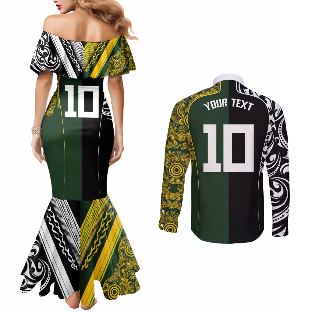 Aotearoa Australia Rugby Custom Couples Matching Mermaid Dress and Long Sleeve Button Shirt Maori and Aboriginal Art Sporty Style - Aussie Hoodie