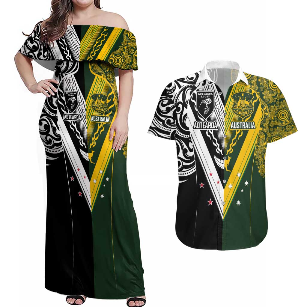 Aotearoa Australia Rugby Custom Couples Matching Off Shoulder Maxi Dress and Hawaiian Shirt Maori and Aboriginal Art Sporty Style - Aussie Hoodie