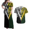 Aotearoa Australia Rugby Custom Couples Matching Off Shoulder Maxi Dress and Hawaiian Shirt Maori and Aboriginal Art Sporty Style - Aussie Hoodie