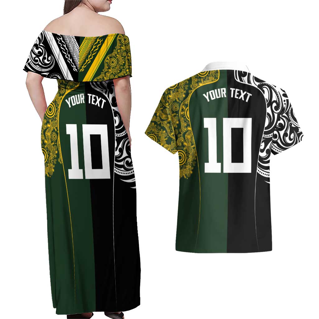 Aotearoa Australia Rugby Custom Couples Matching Off Shoulder Maxi Dress and Hawaiian Shirt Maori and Aboriginal Art Sporty Style - Aussie Hoodie