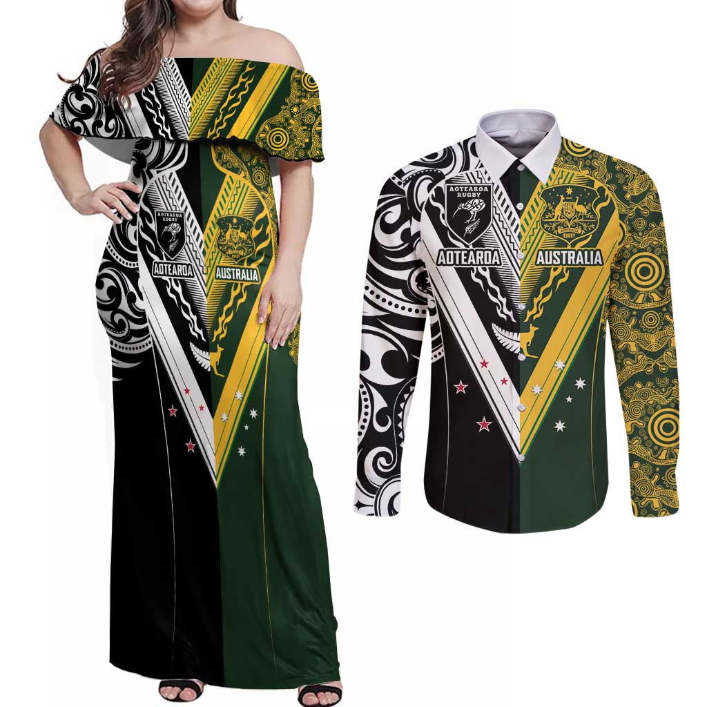 Aotearoa Australia Rugby Custom Couples Matching Off Shoulder Maxi Dress and Long Sleeve Button Shirt Maori and Aboriginal Art Sporty Style - Aussie Hoodie