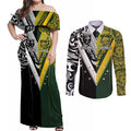 Aotearoa Australia Rugby Custom Couples Matching Off Shoulder Maxi Dress and Long Sleeve Button Shirt Maori and Aboriginal Art Sporty Style - Aussie Hoodie