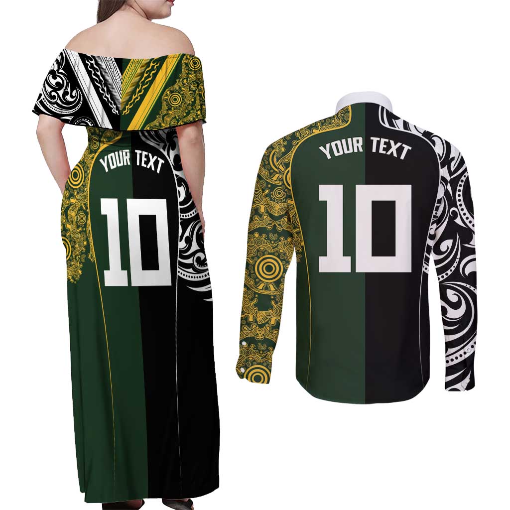 Aotearoa Australia Rugby Custom Couples Matching Off Shoulder Maxi Dress and Long Sleeve Button Shirt Maori and Aboriginal Art Sporty Style - Aussie Hoodie