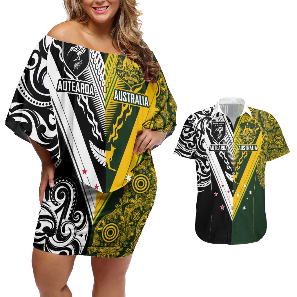 Aotearoa Australia Rugby Custom Couples Matching Off Shoulder Short Dress and Hawaiian Shirt Maori and Aboriginal Art Sporty Style - Aussie Hoodie