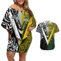 Aotearoa Australia Rugby Custom Couples Matching Off Shoulder Short Dress and Hawaiian Shirt Maori and Aboriginal Art Sporty Style - Aussie Hoodie