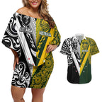 Aotearoa Australia Rugby Custom Couples Matching Off Shoulder Short Dress and Hawaiian Shirt Maori and Aboriginal Art Sporty Style - Aussie Hoodie