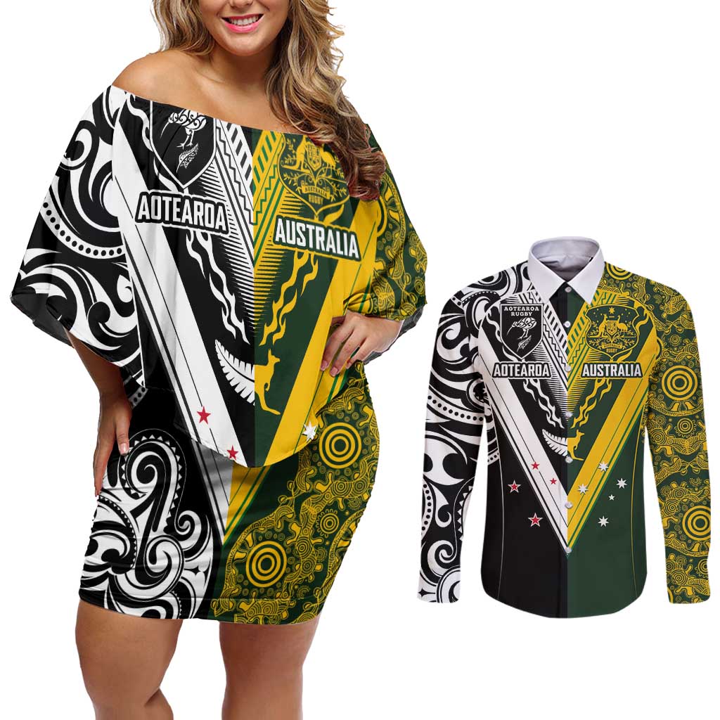 Aotearoa Australia Rugby Custom Couples Matching Off Shoulder Short Dress and Long Sleeve Button Shirt Maori and Aboriginal Art Sporty Style - Aussie Hoodie
