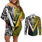 Aotearoa Australia Rugby Custom Couples Matching Off Shoulder Short Dress and Long Sleeve Button Shirt Maori and Aboriginal Art Sporty Style - Aussie Hoodie