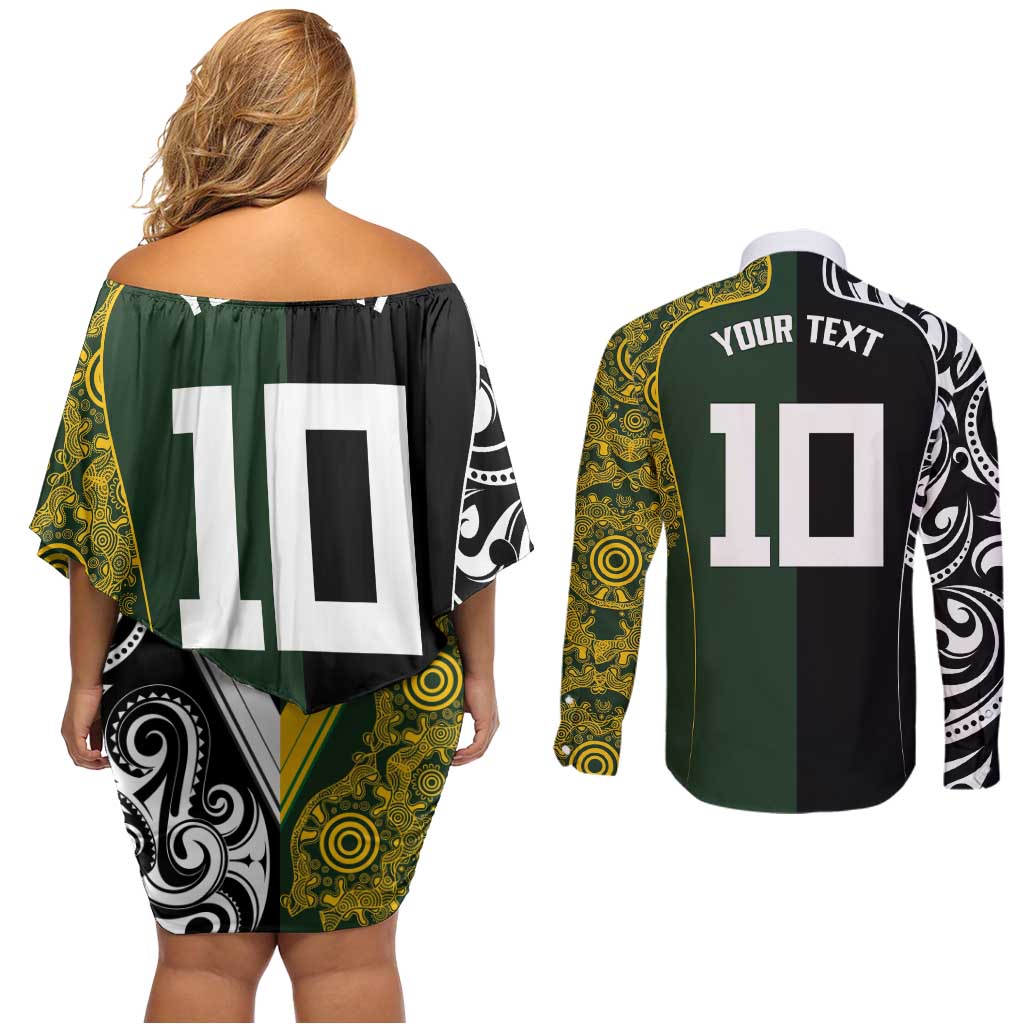 Aotearoa Australia Rugby Custom Couples Matching Off Shoulder Short Dress and Long Sleeve Button Shirt Maori and Aboriginal Art Sporty Style - Aussie Hoodie